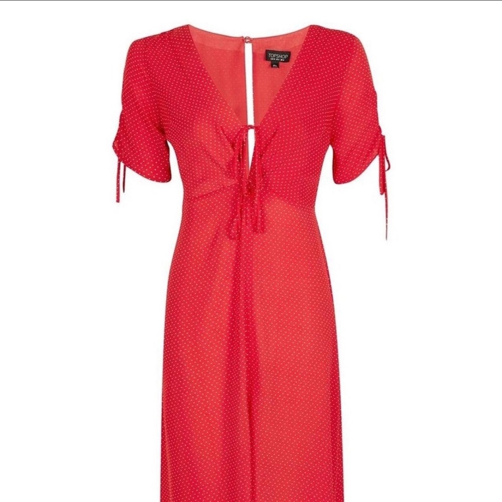 Topshop Bright Red Polka Midi Dress with Tie Front
